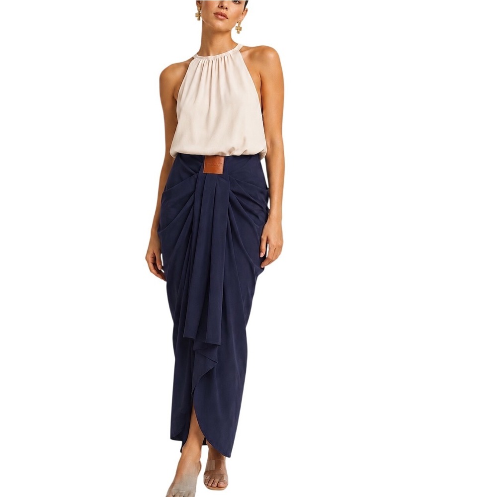 Commense Navy Blue Draped Tulip Midi Skirt with Faux Leather Detail Size M